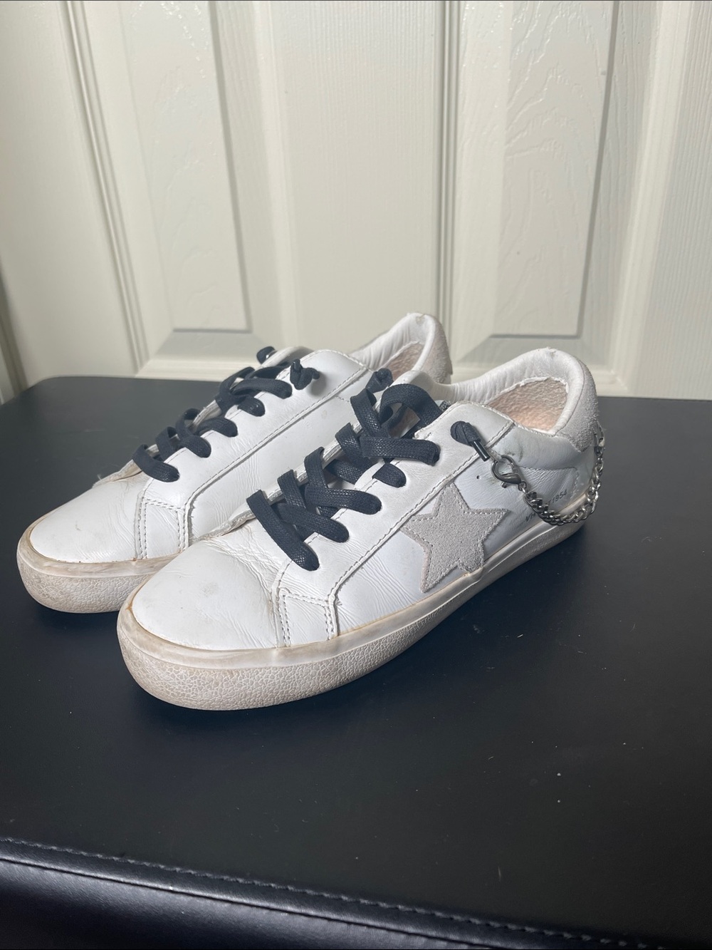 Vintage Havana White Sneakers with Black Laces and Silver Chain
